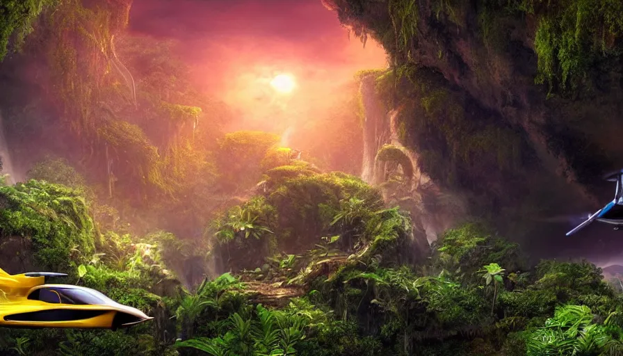 Prompt: a scifi flying car floating in a prehistoric jungle cave, lush flora, waterfall, sunset, hazy, volumetric lighting, rtx on, photorealistic render, great composition, very detailed