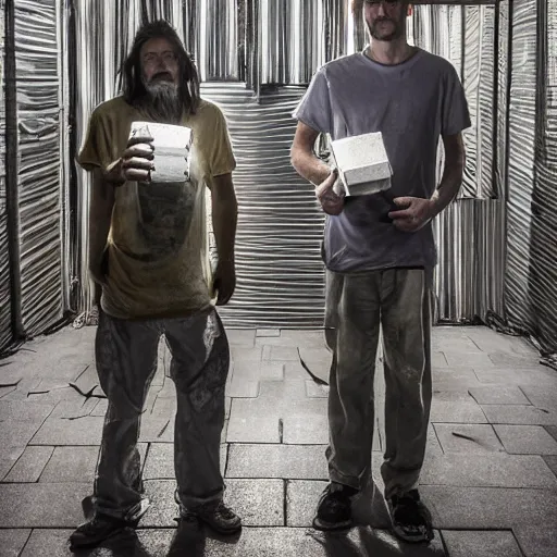 Prompt: a photo portrait of two homeless creating a time machine from aluminium cans and cardboard boxes. symmetry. awesome exposition. very detailed, professional lighting diffracted lightrays, 8 k, sense of awe