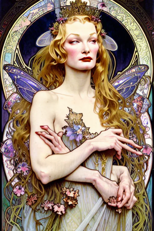 Prompt: realistic detailed face portrait of beautiful young Veronica Lake as Fairy Queen Titania wearing an elaborate royal medieval gown by Alphonse Mucha, Ayami Kojima, Yoshitaka Amano, Charlie Bowater, Karol Bak, Greg Hildebrandt, Jean Delville, and Mark Brooks, Art Nouveau, Pre-Raphaelite, Gothic Revival, exquisite fine details, 4k resolution