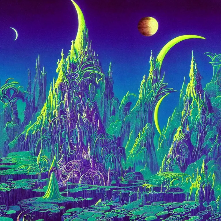 Prompt: mysterious crescent moon over magical crystal temple, bright neon colors, highly detailed, cinematic, tim white, eyvind earle, philippe druillet, roger dean, lisa frank, aubrey beardsley, ernst haeckel