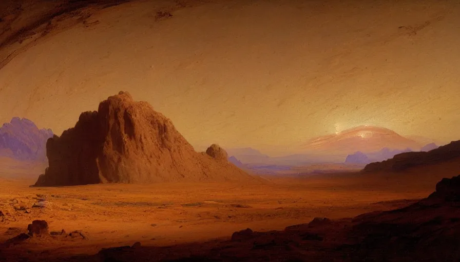 Prompt: A landscape painting for mars, by Thomas Moran, by Albert Bierstadt, courtesy of curiosity rover,