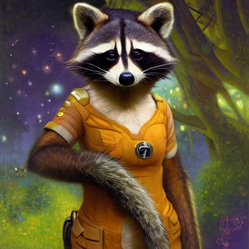 Prompt: a portrait of a female raccoon in starfleet uniform at night in a dark forest. zootopia fursona furaffinity furry art detailed face painting by gaston bussiere craig mullins jc leyendecker gustav klimt artgerm greg rutkowski furry