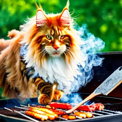 Image similar to beautiful impressionist painting of an ginger maine coon with a white beard cooking a bbq outside