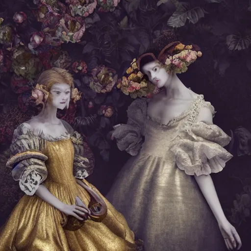 Image similar to 8k, octane render, realism, tonalism, renaissance, rococo, baroque, group of creepy young ladies wearing long flowers and skull dress, harajuku manga, background chaotic gold leaf flowers