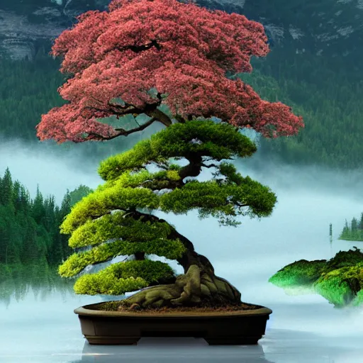 Image similar to a giant blossom bonsai growing out of a mystical foggy lake in the mountains. 4 k. artstation.