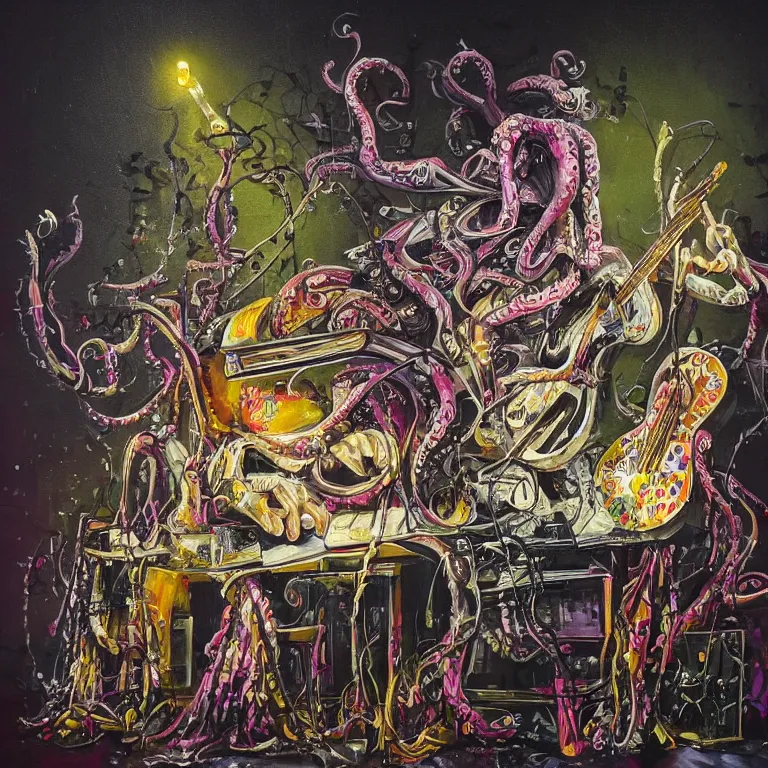 Image similar to a beautiful painting by bordalo ii of an octopus playing drums and telecaster guitar in an electronic concert, dark background, concert light, dark mood, warm lights