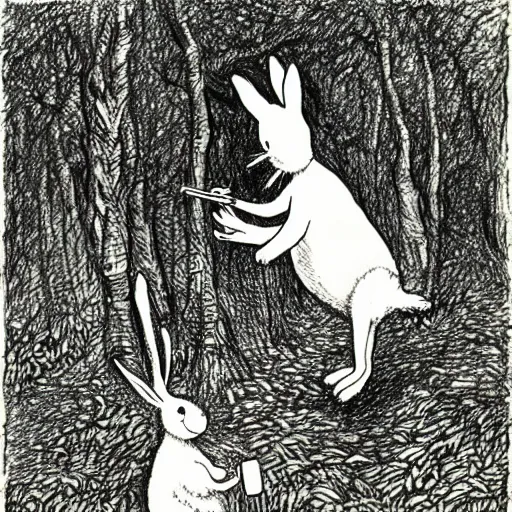 Prompt: drawing of a white bunny smoking a big cigarette in the deep tangled forest, by edward gorey, by gustav dore