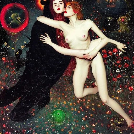 Prompt: two lover figures in black, in a dark void, channeling third eye energy, surrounded by a background of cyber mystic garden of earthly delights, midnight hour, painted part by wojciech siudmak, part by ilya repin, part by norman rockwell, part by zhang jingna, artstation