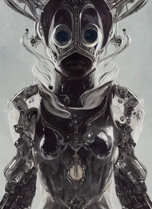 Prompt: a cyborg empress with mask, black leather garment with art nouveau ivory accessories, cyberpunk, darksynth, luxury, concept art by jama jurabaev, extremely detailed, ominous, ethereal, artstation, andree wallin, edvige faini, balaskas, alphonse mucha, symmetry