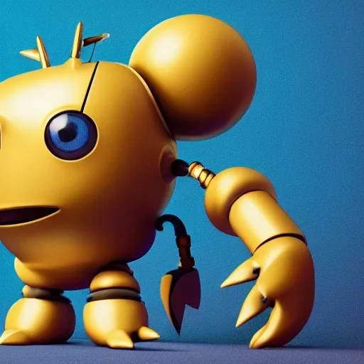 Image similar to a small chubby bot, colourful, smooth panelling, large gold eye intricate detail, style of cute pokemon, with damaged rusty arms, broken antenna, recycled, floating, white studio, oil, mechanical, cute toy, with an insect on its head, ambient light, in the style of pixar animation, pokedstudios, blender, octane render, 8 k,