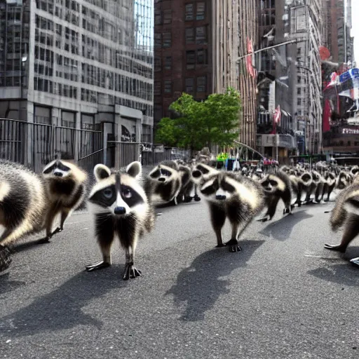 Prompt: raccoon parade in downtown Manhattan, photo, detailed, 4k