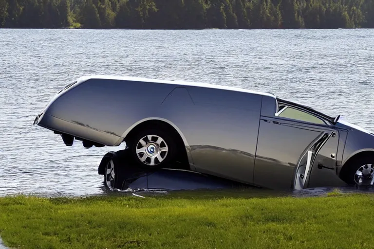 Image similar to Teenagers push Rolls-Royce into lake with their hands from a small slide wanting to drown him