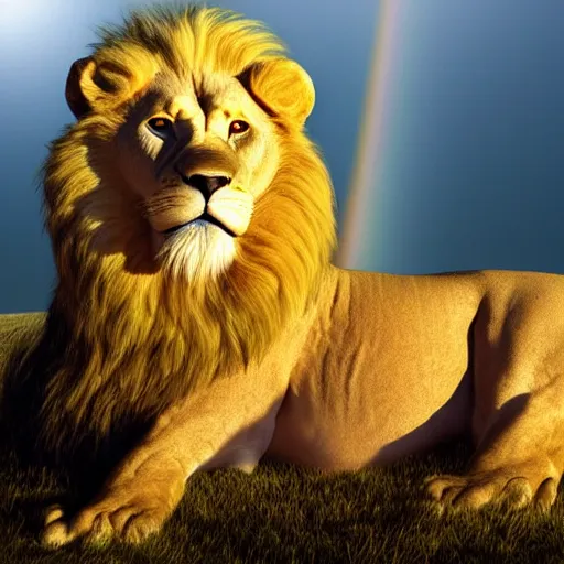 Image similar to coherent 8 k photorealistic close up shot of a albino lion overlooking a heavenly blissful landscape with a large luminous rainbow overarching the landscape behind the lion in the sun showery sky