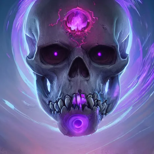 Image similar to curved floating skulls with violet fire trails, violet theme, epic fantasy digital art style, fantasy artwork, by Greg Rutkowski, fantasy hearthstone card art style