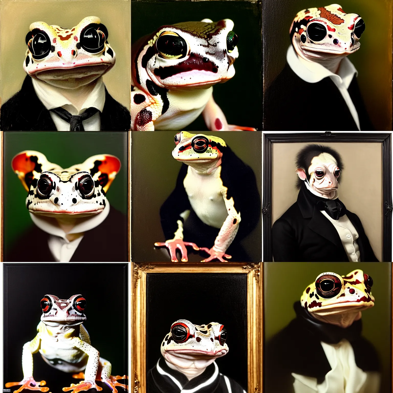 Prompt: a head - and - shoulders portrait of an amazon milk frog looking off camera wearing a black jacket and white ascot, an american romanticism painting, a portrait painting, cgsociety, soft focus, oil on canvas
