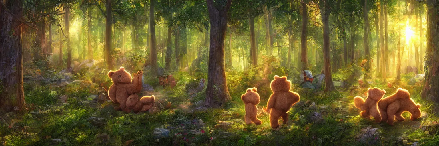 Prompt: a lodge in the middle of a magical forest with two cute humanoid bear cubs standing in front of it, light rays are shining through the leaves of the trees above, magical environment, beautiful light. trending on artstation 4 k award winning artwork of an unknown artist. vivid colors. detailed painting. kids book illustration.