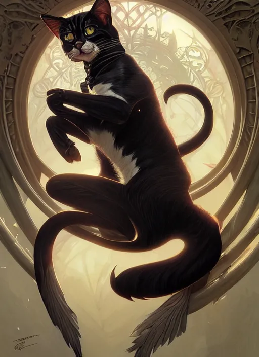 Prompt: tomcat with tuxedo markings, fantasy, intricate, elegant, hyper detailed, ultra definition, photoreal, artstation, unreal engine rendered, concept art, smooth, sharp focus, illustration, art by artgerm and greg rutkowski and alphonse mucha and garis edelweiss