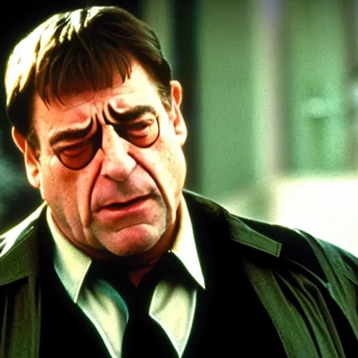 Image similar to john goodman as neo in the matrix movie, realizing he's in the matrix