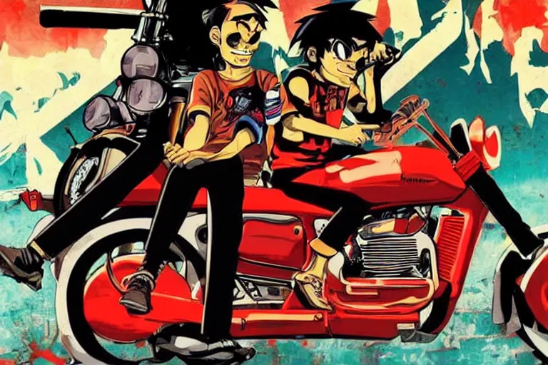 Image similar to pizza, akira's motorcycle, gorillaz, poster, high quality