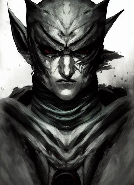 Prompt: Half body portrait of a menacing shinobi elf in scary mask In style of Yoji Shinkawa and Hyung-tae Kim, trending on ArtStation, dark fantasy, great composition, concept art, highly detailed, dynamic pose.