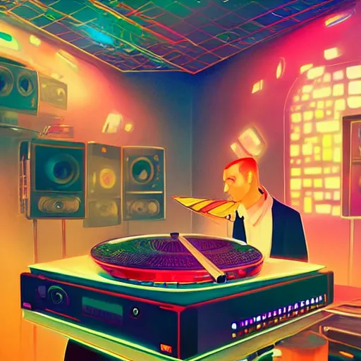 Image similar to a dj creating disco music in an underground lab, surrounded by large retro speakers, digital painting, artstation, ristan eaton, victo ngai, artgerm, rhads, ross draws, anime styled, hd, 4 k