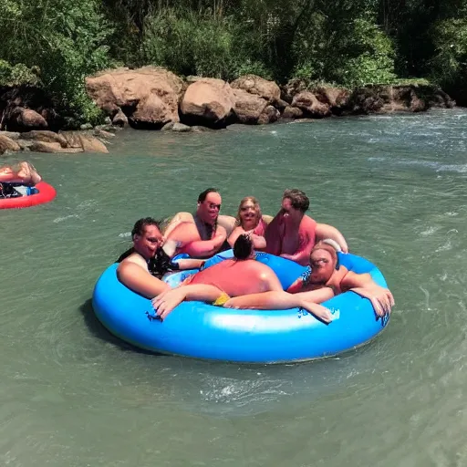 Image similar to a group of 4 people on 4 separate inner tubes floating on a river eating copious amounts of food