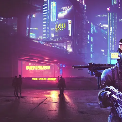 Prompt: close view matte painting of a modern soldier holding machine gun in right hand, cyberpunk city and huge mechanical bridges on the background, rainy night, neon glow concept art, smooth, sharp focus, illustration, cyberpunk 2077, neuromancer, scifi, photorealistic, octane render, 8k