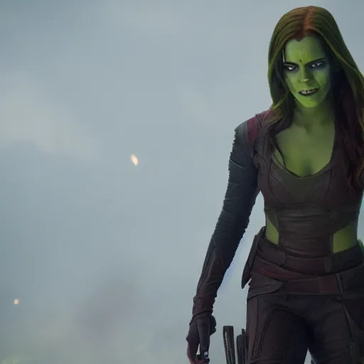Image similar to Film still of Emma Watson as Gamora, from Guardians of the Galaxy Vol. 2 (2017), full shot