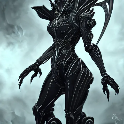 Image similar to highly detailed exquisite fanart, of a beautiful female warframe, but as an anthropomorphic robot dragon, matte black metal armor with white accents, engraved, elegant pose, close-up shot, epic cinematic shot, sharp claws for hands, professional digital art, high end digital art, singular, realistic, captura, DeviantArt, artstation, Furaffinity, 8k HD render