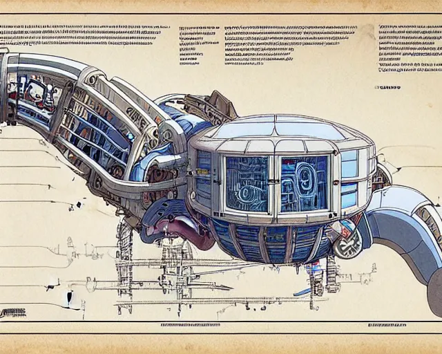 Image similar to a full page of a mechanical blueprint showing a cutaway design for a mechanized brontosaurus from howl's moving castle ( 2 0 0 4 ), with people inside piloting it, muted colors, post grunge, studio ghibli, hq,