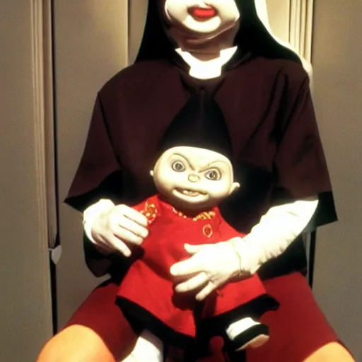 Image similar to a nun in church holding chucky the killer doll on her lap
