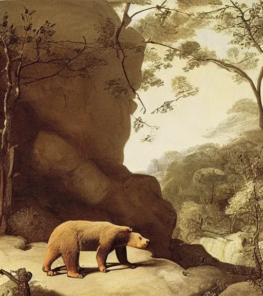 Prompt: looking to a cave with a mother bear and her cubs sleeping in a dark cave, night time, artwork by Pieter Claesz