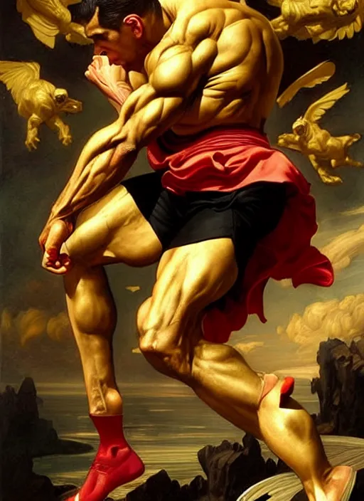 Image similar to renaissance painting of aggressive dc hourman, d & d, golden age, muscular! athetic slim bodybuilder, yellow and black, fantasy, intricate, elegant, highly detailed, digital painting, artstation, concept art, smooth, sharp focus, illustration, art by artgerm and greg rutkowski and alphonse mucha and alex ross