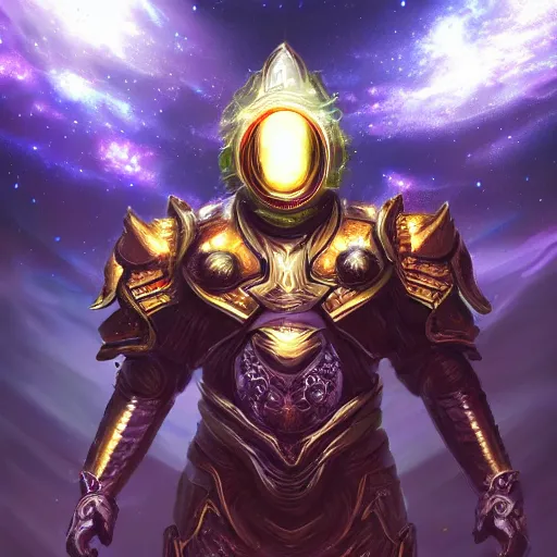 Image similar to photorealistic fantasy cosmic concept art of a cosmic god with armor made out of planets and dark matter, hovering in a unknown galaxy, fully body portrait, cinematic, dynamic lighting, ultra detailed, creative, trending on art station, creative