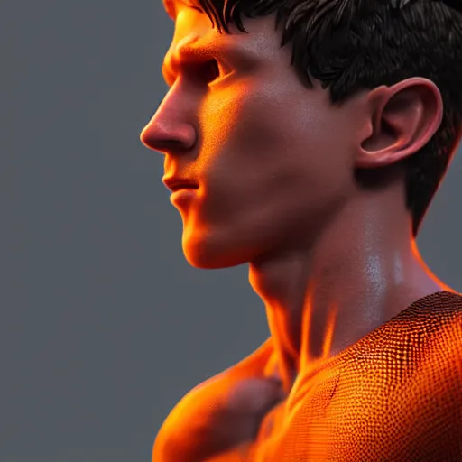 Image similar to Tom Holland, intricate detail, 3d render, octane render, god rays, depth of field, trending on artstation, 4k, hd