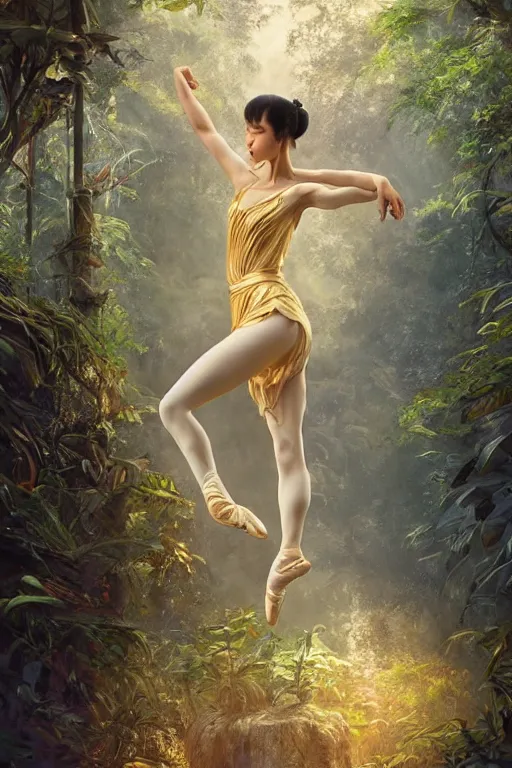 Image similar to stunningly beautiful, asian prima ballerina in jungle, symmetrical face, golden hour, smooth, focus, highly detailed, hyper realistic, dramatic lighting, elegant, intricate, concept art, art by wlop, mars ravelo, greg rutowski