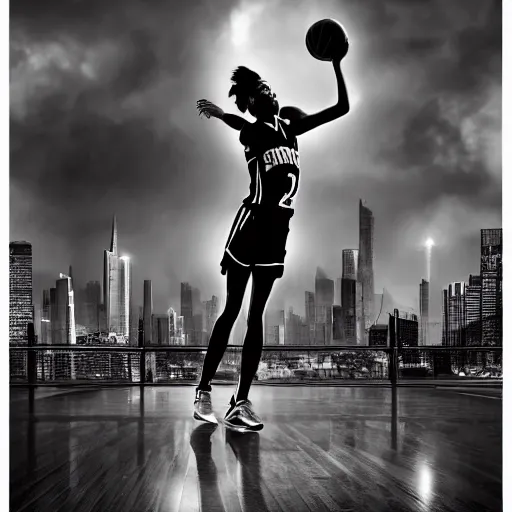 Image similar to tall woman playing basketball, city in background, moody atmosphere, digital art, highly detailed, high contrast, beautiful lighting, award winning, trending on art station, photorealistic, 8 k,