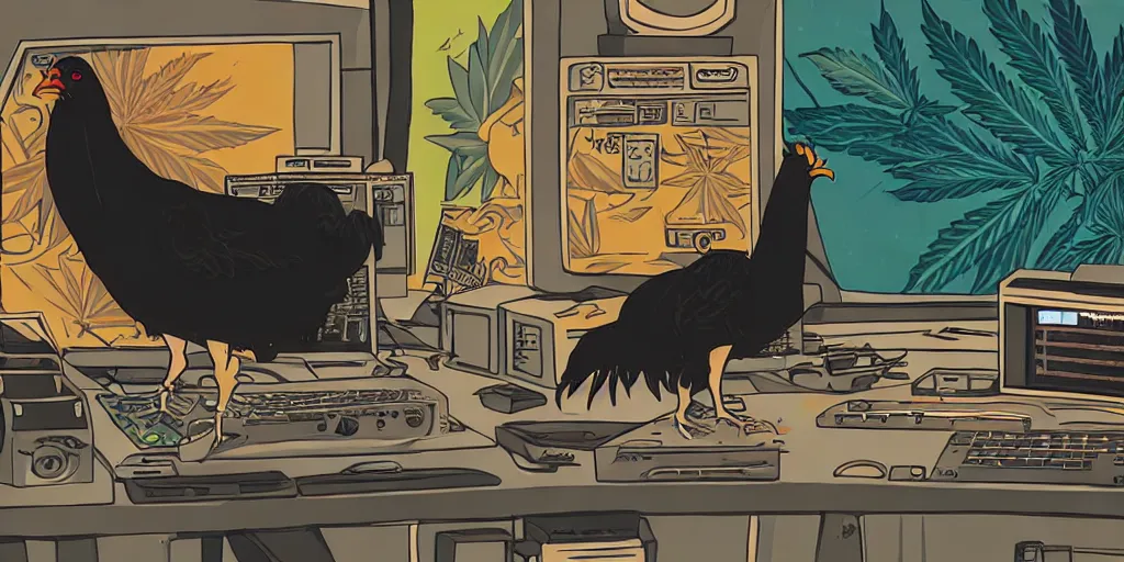 Image similar to 'black chicken'!!! smoking 'cannabis'!!!!!! in front of 'audio console'!!!! and 'multi monitors'!!!! 'in a hi-tech tv broadcasting studio'!!!!, artwork by James Gilleard