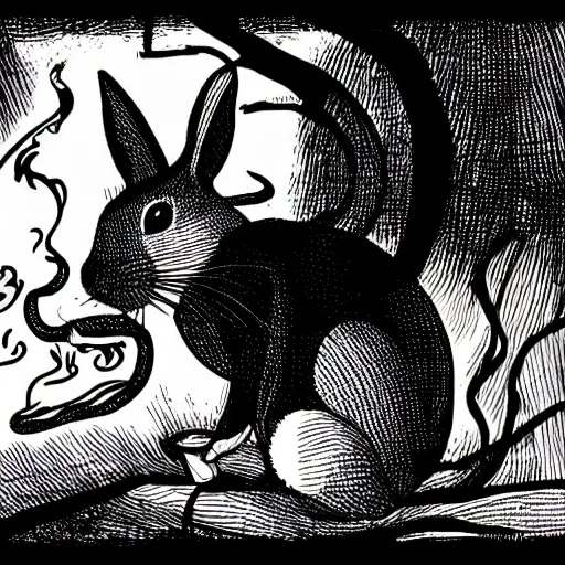 Image similar to black - and - white line art illustration of a playful, wry rabbit deep in a tangled forest, smoking a cigarette, with smoke rising, whimsical masterpiece