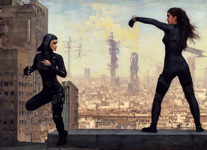 Image similar to Elisa evades sgt Nash. Cyberpunk hacker in jumpsuit escaping menacing police troopers (blade runner 2049). beautiful face. rooftop free running. Iranian orientalist portrait by john william waterhouse and Edwin Longsden Long and Theodore Ralli and Nasreddine Dinet, oil on canvas. Cinematic, hyper realism, realistic proportions, dramatic lighting, high detail 4k