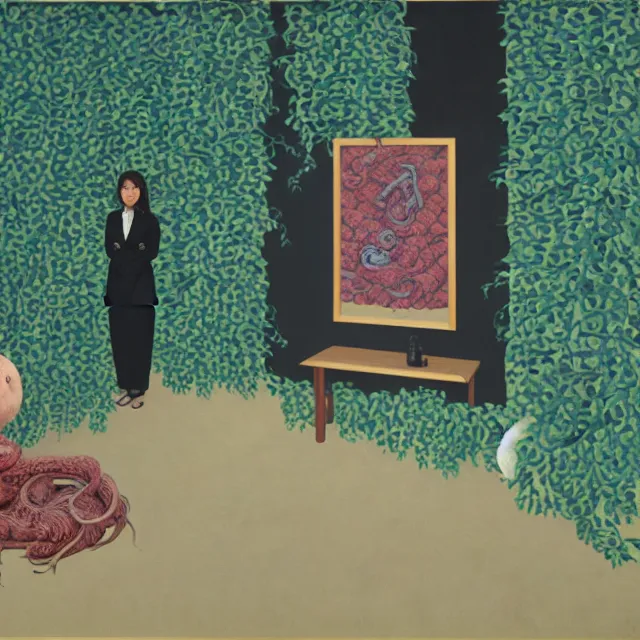 Image similar to a female pathology student in her apartment, wrapped in vines, medical equipment, zen, stepping stones, octopus, pig, black walls, ikebana, black armchair, sculpture, acrylic on canvas, surrealist, by magritte and monet