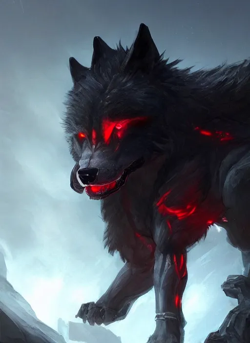 Image similar to A concept art of a big and bulky humanoid wolf with black fur, giant black sword, glowing red eyes, evil look. In style of Hyung-tae Kim, Greg Rutkowski and Larry Elmore, concept art, trending on ArtStation, Korean MMORPG, over-detailed art, 8K, epic, dynamic lightning, dynamic pose, half body portrait.