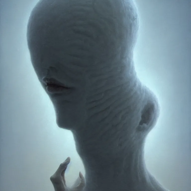 Prompt: portrait of ribbed alien wearing white ribbed vr headset, by beksinski, soft bloom lucid dream - like ethereal dark atmosphere, baroque portrait painting, perfect composition, intricate detailed octane render trending on artstation, 8 k artistic photography, volumetric cinematic perfect light, chiaroscuro, masterpiece, raphael, caravaggio, rutkowski, beeple, bosch