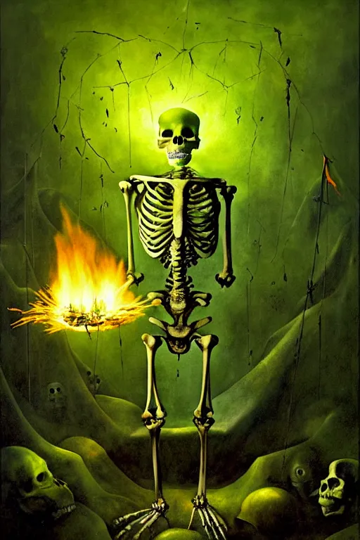 Image similar to hieronymus bosch, greg rutkowski, anna podedworna, painting of a skeleton wizard burning with green fire, green glowing runes, evil glow, light from cracks in ground