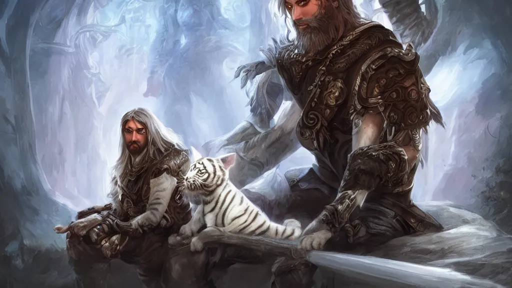 Image similar to Male Night Elf hunter, he has white shoulder length hair and a short white scruffy beard. He is sitting with his pet white tiger, dreamscape, dramatic lighting, fantasy art illustration, trending on artstation, Aetherpunk