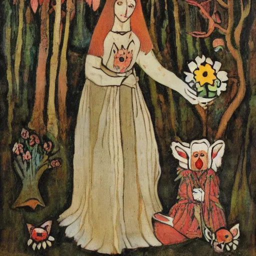 Image similar to In the mixed mediart Vasilisa can be seen standing in the forest, surrounded by animals. She is holding a basket of flowers in one hand and a spindle in the other. Her face is turned towards the viewer, with a gentle expression. In the background, the forest is depicted as a dark and mysterious place. scarlet by Bruno Munari monumental