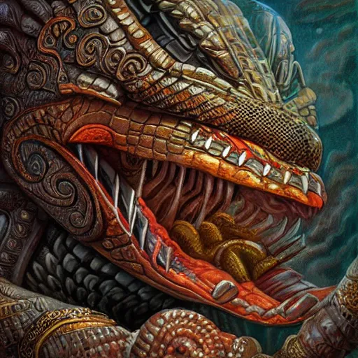 Image similar to digital painting of mayan feathered serpent god, by filipe pagliuso and justin gerard, fantasy, highly detailed, intricate, sharp focus, tarot card, serpent head, fangs