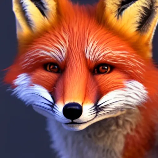 Image similar to portrait of the cutest red fox ever, fluffy, photorealistic, soft lighting, unreal engine