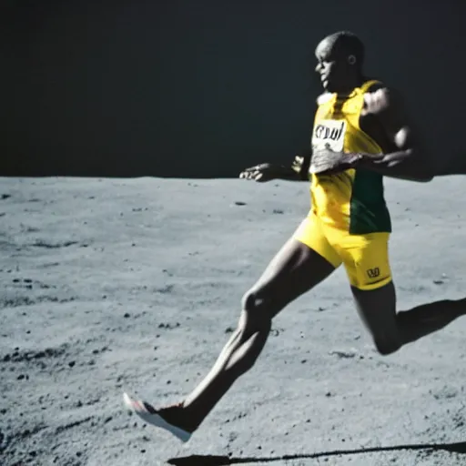 Image similar to usain bolt racing on the moon, kodachrome film