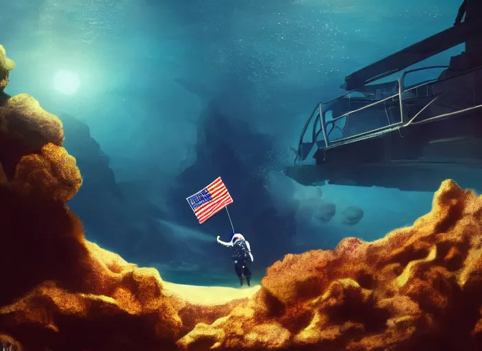 Image similar to astronaut underwater putting a flag in the sand of the bottom of the ocean. there is a submarine in the distance. dark, concept art, cinematic, dramatic, atmospheric, 8 k, trending on artstation, low visibility, fog, zack snyder